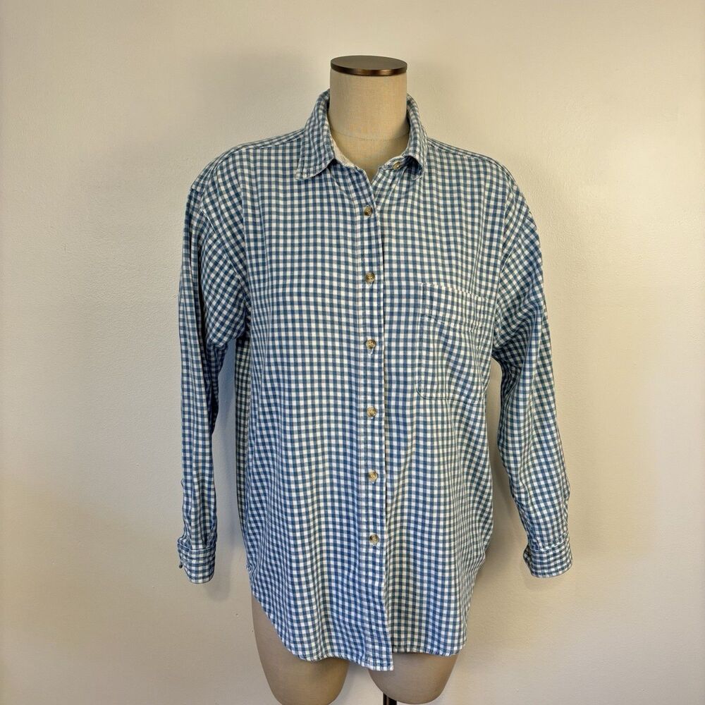 VTG 90s Paris Sport Club Blue White Gingham Button Front Oversized Button Shirt